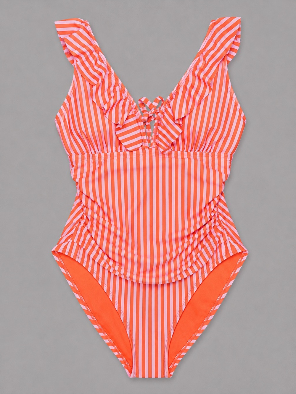 Ellen Tracy Women’s Size 14 Orange Pink Striped Ruffle One Piece Swimsuit - Picture 2 of 5